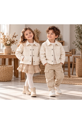 Tucankids Kız Erkek Çocuk Unisex Ham Kadife Ceket Cepli Düğmeli Mevsimlik Çocuk Ceketi Bej