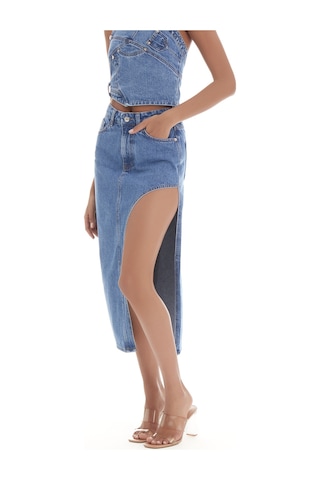 it's basic Kadın Mavi Kot Rengi Rosa Yandan Derin Yırtmaç Detaylı Uzun Denim Etek