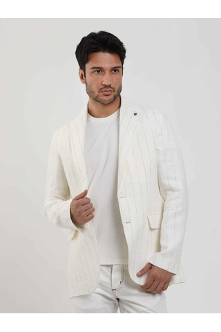 Dufy Ekru Erkek Regular Fit Çizgili Sivri Yaka Keten Ceket - 104438-ekru Ekru