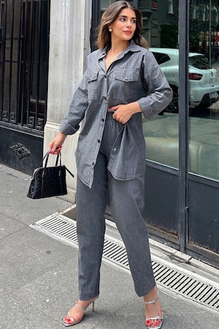 Antrasit Uzun Tunik Gömlek & Beli Lastikikli Rahat Pantolon - Yıkamalı Kot Kumaş Alt Üst Takım Antrasit