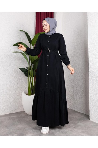 Hb Harma Time Butik Kadın Düğmeli Kuşaklı Denim Siyah Kot Elbise