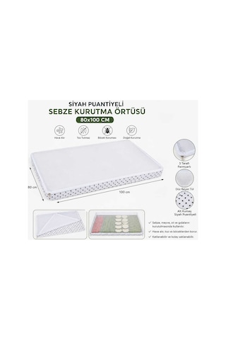 80 X 100 Siyah Puantiyeli Sebze Meyve Kurutma Örtüsü 3 Tarafı Fermuarlı Tüllü Kurutma Filesi Beyaz