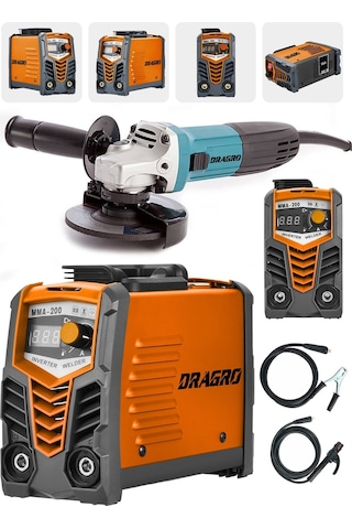 Dragro DRG-200kynk Technology Turuncu Çift Kartlı 200 Amper Invertör Kaynak Makinası 3000 W Taşlama +2li Set
