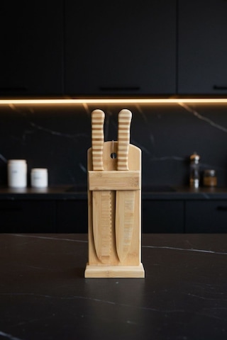 Doğal Bambu Bıçak Seti 2 Li Şef & Ekmek Bıçağı + Bambu Blok Stand Bej