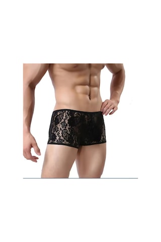 Asilsen Asil Dantelli Transparan Fantezi Erkek Boxer Fit Külot Siyah Siyah