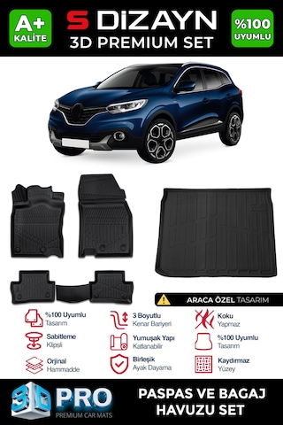 S-dizayn Renault Kadjar 3d Pro Havuzlu Paspas Ve Bagaj Havuzu Seti 2'li Set 2015 Üzeri A+ Kalite