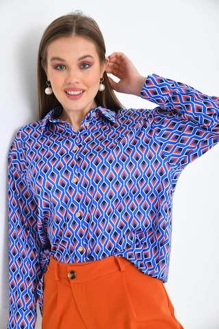 Saks Desenli Oversize Uzun Kol Basic Saten Gömlek 001
