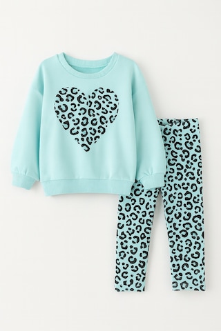 Kız Çocuk Çiçek - Leopar Detaylı 3 İplik Alt Üst Takım Sweatshirt + Tayt Mint