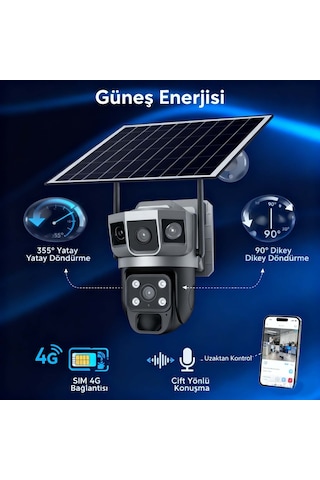 4g Sım Solar Panelli Güneş Enerjili Su Geçirmez 6mp 3 Kameralı Güvenlik Kamerası V380 Pro