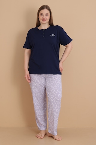 Wordex Mirano 4514 Çiçekli Kısa Kollu Pamuklu Penye Büyük Beden Kadın Pijama Takımı Lacivert