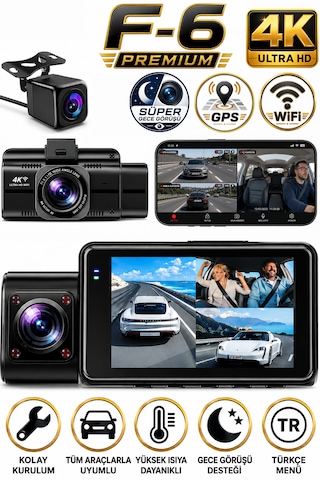 4k Araç İçi Kamera 3 Kameralı Ön-arka-iç Wifi Gps Park Modu Gece Görüşlü Araç İçi Kamera F6 Dash Cam
