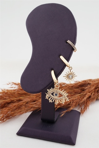 Kadın Altın Kaplama Kararmaz Zirkon Işleme Göz Figürlü 3 Lü Küpe Altın-M Altın