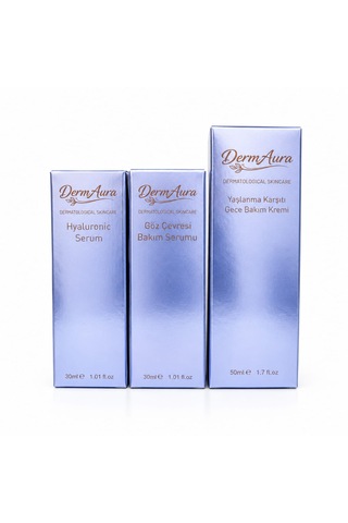 Dermaura Yaşlanma Karşıtı Premium Anti Aging Bakım Seti Gece Boyunca Nem, Bakım Ve Göz Çevresi Desteği Sunan 3'lü Cilt Bakım Rutini