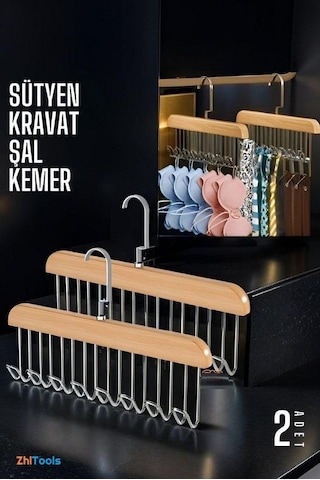 Zhltools Dolap İçi Askı 2 Adet Sütyen Şal Kravat Kemer Çanta Ahşap