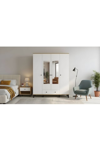 Vento Modern 4 Kapaklı Aynalı Fonksiyonel Yatak Odası & Genç Odası Elbise Dolabı - Safir Meşe Safir Meşe