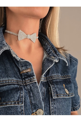 Papyon Model Rhinestone Choker Tasma Model Gümüş Renk Kolye Silver Çok Renkli