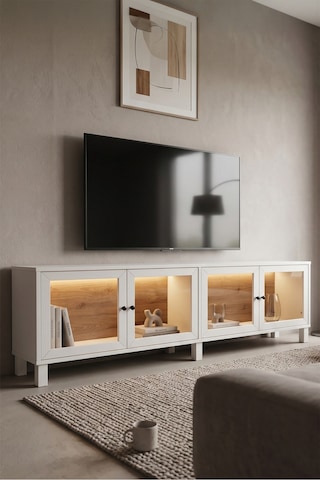 Yurudesign Yoda Temperli Cam Kapaklı Neon Led Işıklı Tv Ünitesi Tv Sehpası Vitrin Ahşap Ayaklı Sepet-beyaz Yd14-sw