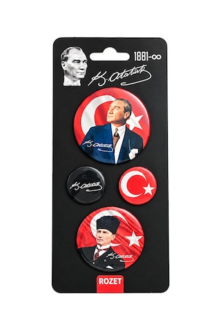 Bakgelal Atatürk 4'lü Rozet Seti Mavi Portre, Türk Bayrağı Ve İmza Tasarımlı - Bgaalk040002 Açık Mavi