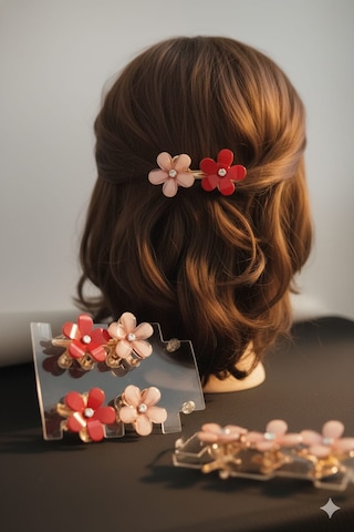 Çiçek Şeklinde Metal Toka, Metal Klipsli Renkli Çiçek Toka 4 Adet Kırmızı - Pembe