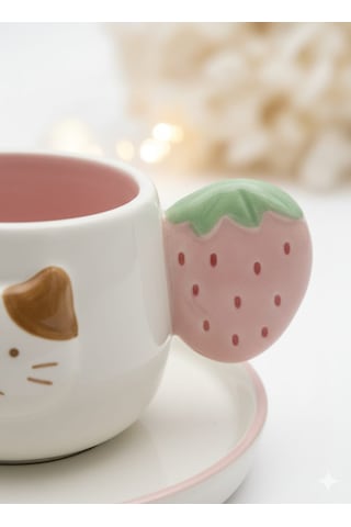 Kedi Figürlü 2 Li Fincan Seti Çilek Kulplu Seramik Kahve Fincanı Seti Hediye Fincan Takımı Beyaz - Pembe