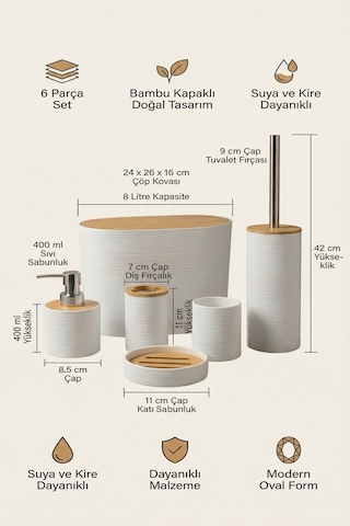 Makri Home 6 Parça Bambu Kapaklı Banyo Seti, Beyaz, Oval, Hacim: 8 Litre