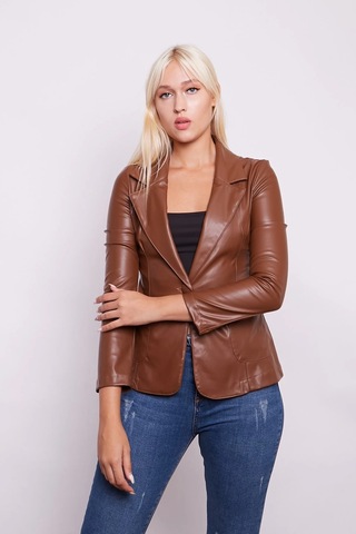 Ekolojik Suni Deri Yakalı Uzun Kol Cepli Blazer Ceket-taba Taba