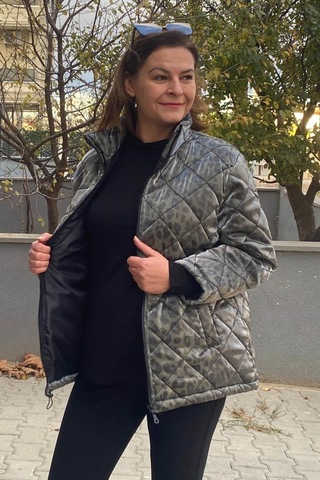 Mia Butik Büyük Beden Haki Leopar Desenli Mont-1559 Haki