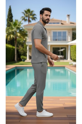 Fifty Color Unisex Trend Bürümcük Krinkıl Kumaş Yazlık Likralı Kısa Kol Tişört Eşofman Takım Gri