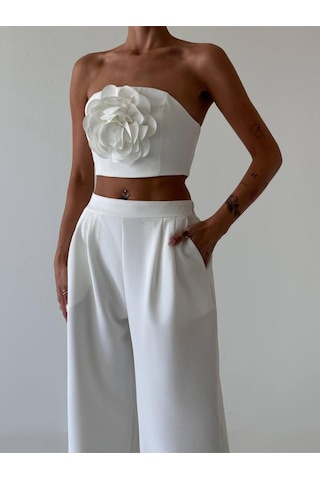 Kadın Straplez Gül Detaylı Üst Ve Yüksek Bel Pantolon Takım Beyaz