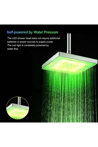 Hangfox 8 İnç Kare Led Duş Başlığı, Su Akışı İle Çalışır, Renkli Işık Ve Sıcaklık Tespiti Özelliği Rgb Gümüş