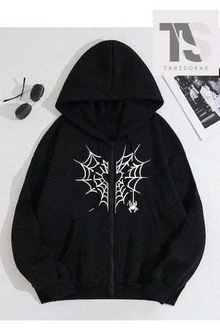 Adrift Kalp Ağ Minimal Örümcek Sweatshirt Fermuarlı Hırka Siyah