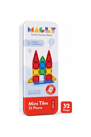 Magly Mini Tiles - Seyahat Boy Manyetik Yapı Blokları - Çocuklar İçin Metal Kutulu 32 Parça Mini Manyetik Oyun Seti