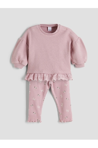 LC Waikiki Lcw Baby Pembe Dantel Detaylı Kız Bebek Sweatshirt Ve Tayt Dusty Rose
