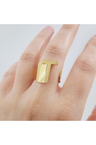 Çelik Gold Düz Kesim Harf Yüzük -t Harfi- Ayarlı Ölçü-1899 Altın