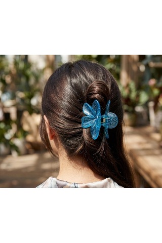 Lotus Saç Tokası Büyük Boy 8 Cm, Tekli Saç Tokası, Lotus Çiçeği Tasarımı Pırıltılı Mavi Çok Renkli