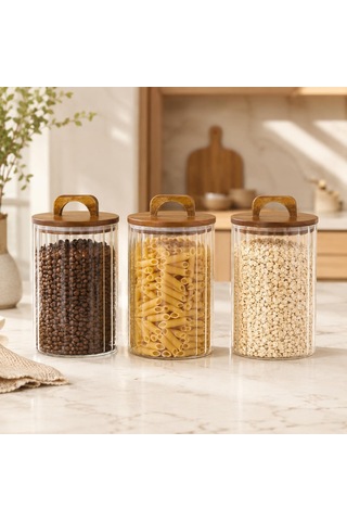 2450 Ml Zahire Kavanozu 3'lü Set, Ahşap Kapaklı Kulplu Cam Erzak Saklama Kabı, Bakliyat Makarna Kahve Kuruyemiş Saklama Kavanozu, Ribbed Cam Mutfak Düzenleyici Kavanoz Seti Çok Renkli