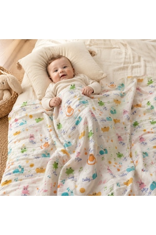Müslin Bebek Battaniyesi %100 Pamuk 80x80 CM Beyaz - Mavi - Sarı