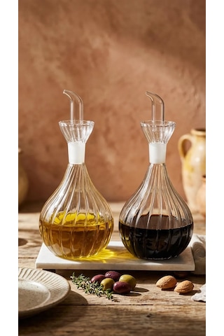 2 Adet 900 Ml Borosilikat Tombul Çizgili Cam Yağdanlık Ve Mermer Stantlı Yağlık Sirkelik Seti Şeffaf