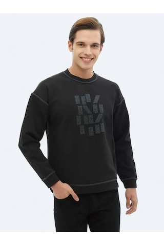 Kip Siyah Bisiklet Yaka Baskılı Çift Taraflı Sweatshırt Siyah