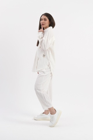 Yanı Yırtmaçlı Krinkıl Kumaş Göz Nakışlı Keten Gömlek - Ekru-ekru Ekru