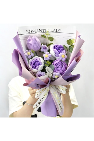 Ayçiçeği Yün Buket Bitmiş Örme Çiçek El Örgüsü Gül Anneler Günü Hediyesi Dark Purple