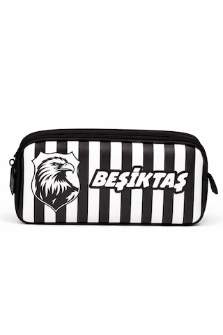 Beşiktaş Lisanslı Siyah Beyaz Çizgili Kalemlik - Karakartal Logolu 2 Bölmeli Su İtici Kumaşlı Kalem Çantası Siyah - Beyaz