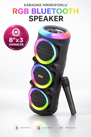 Taşınabilir Mikrofonlu 90w Led Işıklı Bluetooth Karaoke Hoparlör Seti