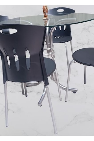 Masa Sandalye Takım Mutfak Balkon Bahçe Temperli Cam Gri Boya Ayaklar El Yapım