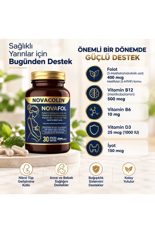 Novacolin Novafol Metilfolat B12 B6 D3 İyot 30 Bitkisel Kapsül