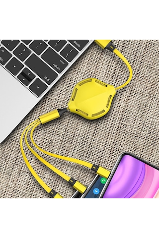 Suofeng 3.6ft Genişletilebilir 3-in-1 Şarj Kablosu: Lightning, Type-c, Micro Usb - Sarı 2a Hızlı Şarj, Silikon Malzeme