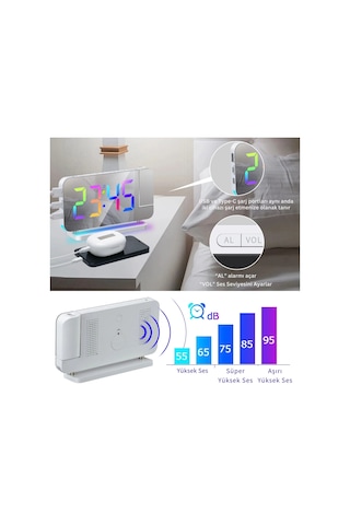 Etashop Rgb Projeksiyonlu Çalar Saat -7ayna Led Dijital Saat Tavana Zaman Yansıtma Usb & Type C Şarj Beyaz
