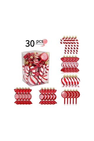 Geeksen 30 Adet Kırmızı-beyaz Plastik Noel Şeker Askısı Seti Nane Şekeri, Asma Şeker, Çubuk Şeker Figürleri