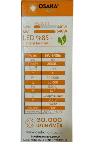 Osaka 6w 50w 3000k Sarı Işık E27 Duylu Led Ampul 10 Adet