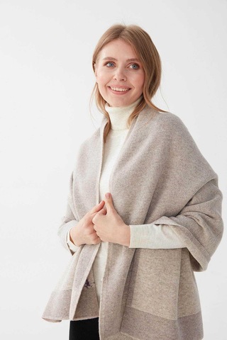 Desen Triko Kadın Çiçek İşlemeli Triko Şal 23154 V. Bej